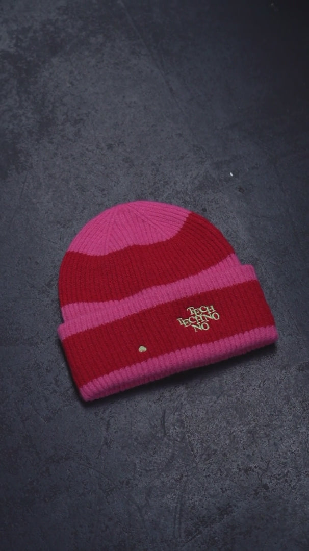 Video of DISCO and TEHCNO HEART Beanie, Rave, Festival Cosy Unisex Hat, by Hun Sauce. With Tote Bag. Now stocked at All My Friends Record Store, Hackney Wick.