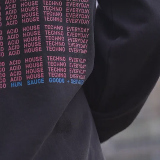 video of Model in I'M NOT A DJ Hoodie - Hun Sauce, Black hood for DJs. I'm not disc jockey collection for the rave. Heavyweight hood. Now available at the record store at All My Friends, in Hackney.