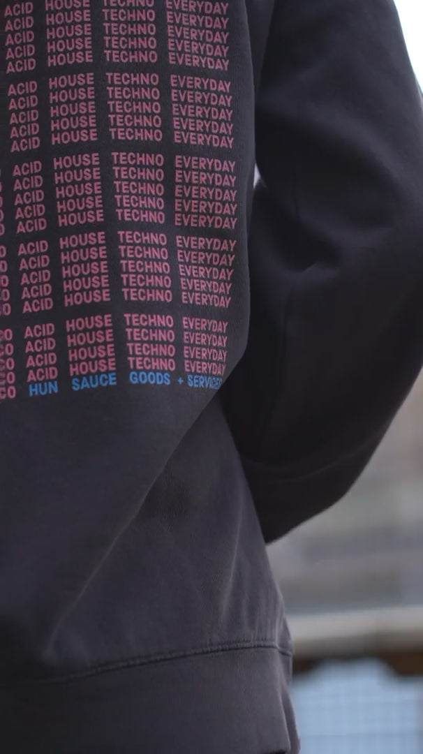 video of Model in I'M NOT A DJ Hoodie - Hun Sauce, Black hood for DJs. I'm not disc jockey collection for the rave. Heavyweight hood. Now available at the record store at All My Friends, in Hackney.