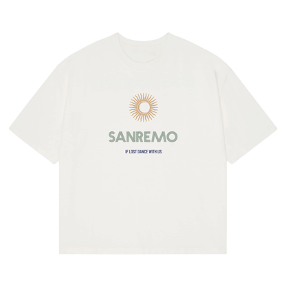 SANREMO Heavy Weight T-Shirt - Hun Sauce, Cream t-shirt. If lost dance with us t-shirt. San Remo Glastonbury. Sun and moon design. San Remo, Italy. 
