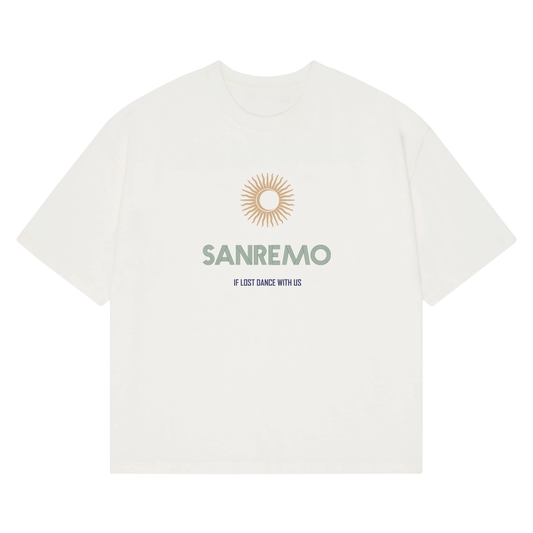 SANREMO Heavy Weight T-Shirt - Hun Sauce, Cream t-shirt. If lost dance with us t-shirt. San Remo Glastonbury. Sun and moon design. San Remo, Italy. 