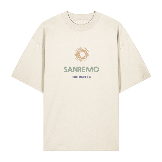 SANREMO Heavy Weight T-Shirt - Hun Sauce, Cream t-shirt. If lost dance with us t-shirt. San Remo Glastonbury. Sun and moon design. San Remo, Italy. 