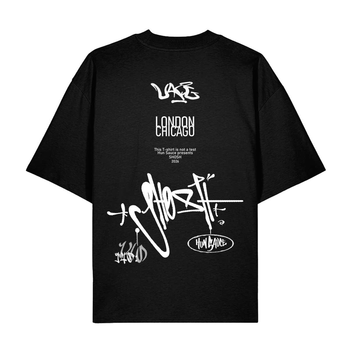BACK SHOSH x Hun Sauce Heavyweight T-Shirt Created in collaboration with DJ and producer SHOSH, this limited edition heavyweight tee brings together a shared love of music A hand-drawn graffiti-style graphic 