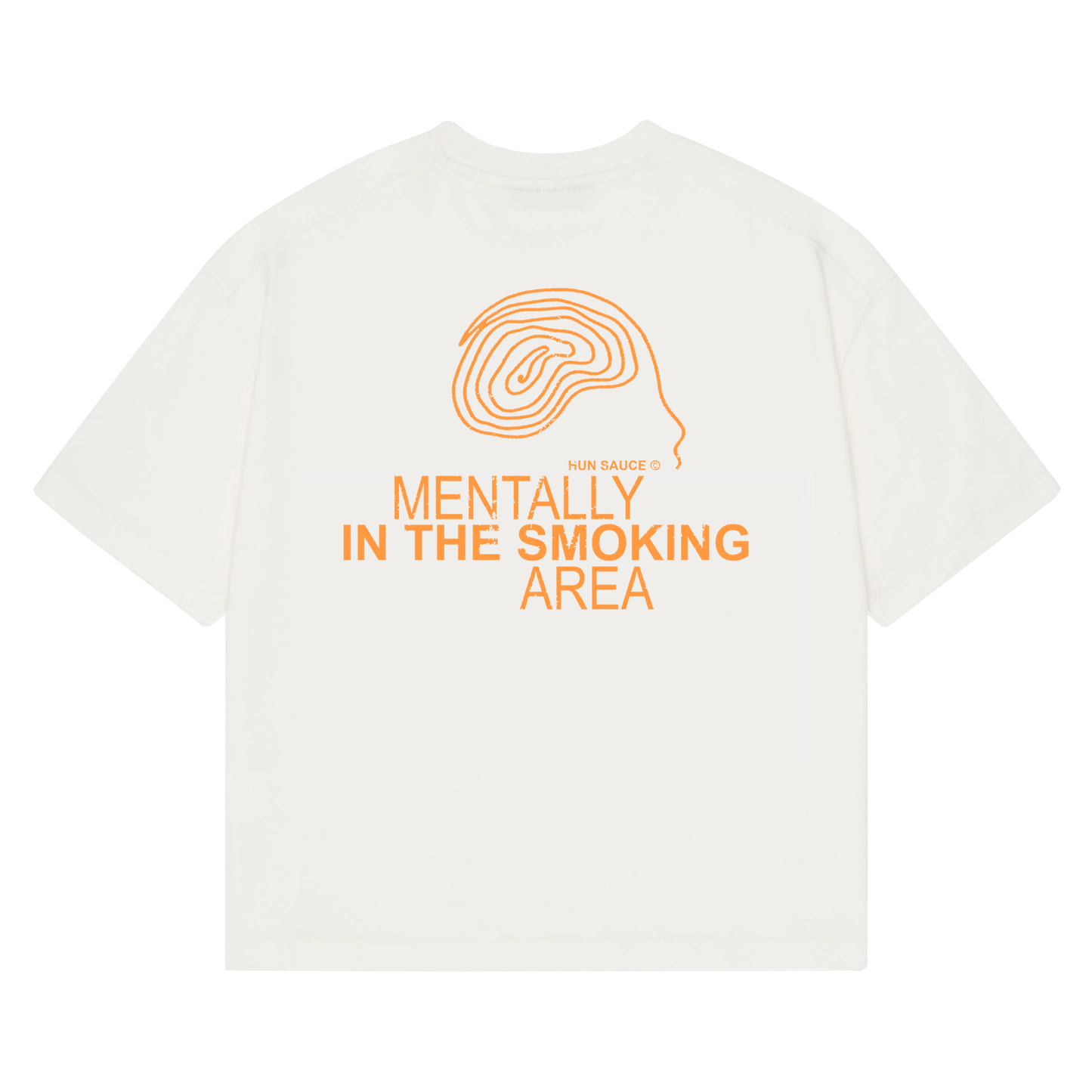 SMOKING AREA Heavyweight T-Shirt, A heavyweight white tee for the outside people making friends. Features bold orange graphics and a hand-drawn doodle head. Oversized fit, made for low lighting, loud music and deep chats.