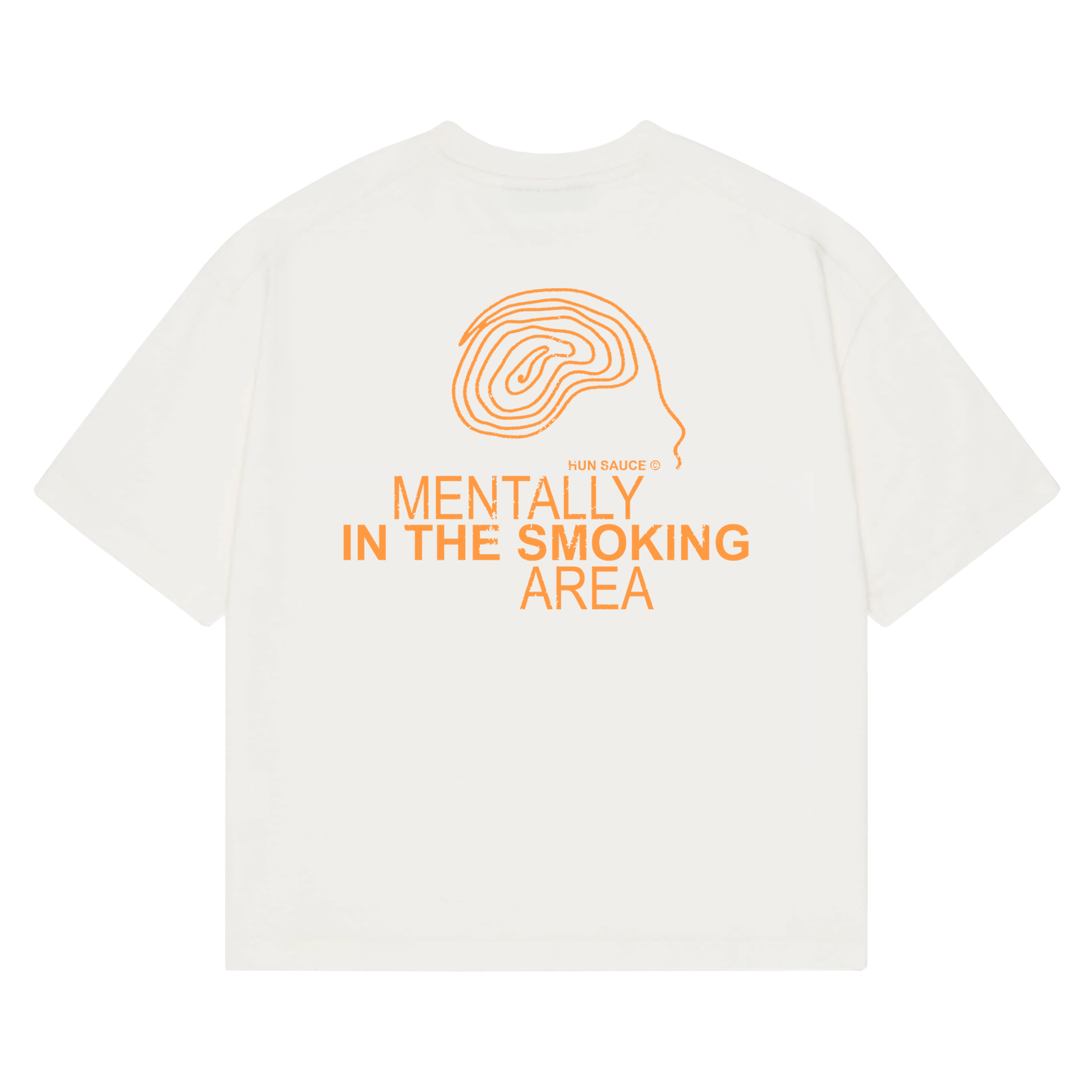 SMOKING AREA Heavyweight T-Shirt, A heavyweight white tee for the outside people making friends. Features bold orange graphics and a hand-drawn doodle head. Oversized fit, made for low lighting, loud music and deep chats.