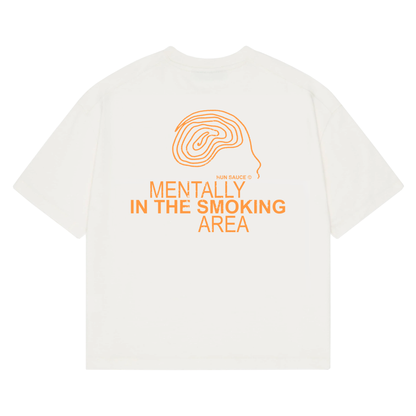 SMOKING AREA Heavyweight T-Shirt, A heavyweight white tee for the outside people making friends. Features bold orange graphics and a hand-drawn doodle head. Oversized fit, made for low lighting, loud music and deep chats.