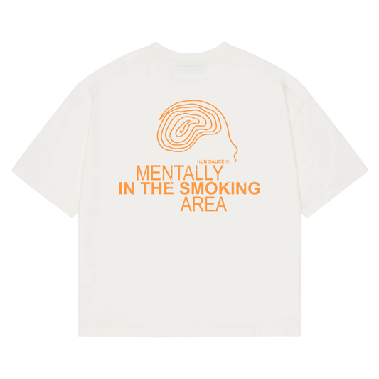 SMOKING AREA Heavyweight T-Shirt, A heavyweight white tee for the outside people making friends. Features bold orange graphics and a hand-drawn doodle head. Oversized fit, made for low lighting, loud music and deep chats.